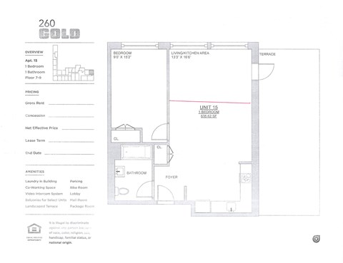 Floor plan for 1 bed, 1 bath, 635 sqft